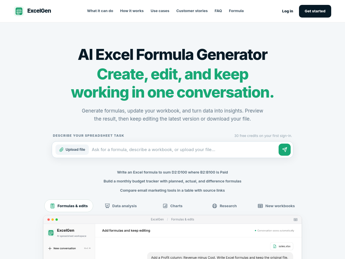 Screenshot of ExcelGen | AI Excel Formula Generator & Spreadsheet Assistant