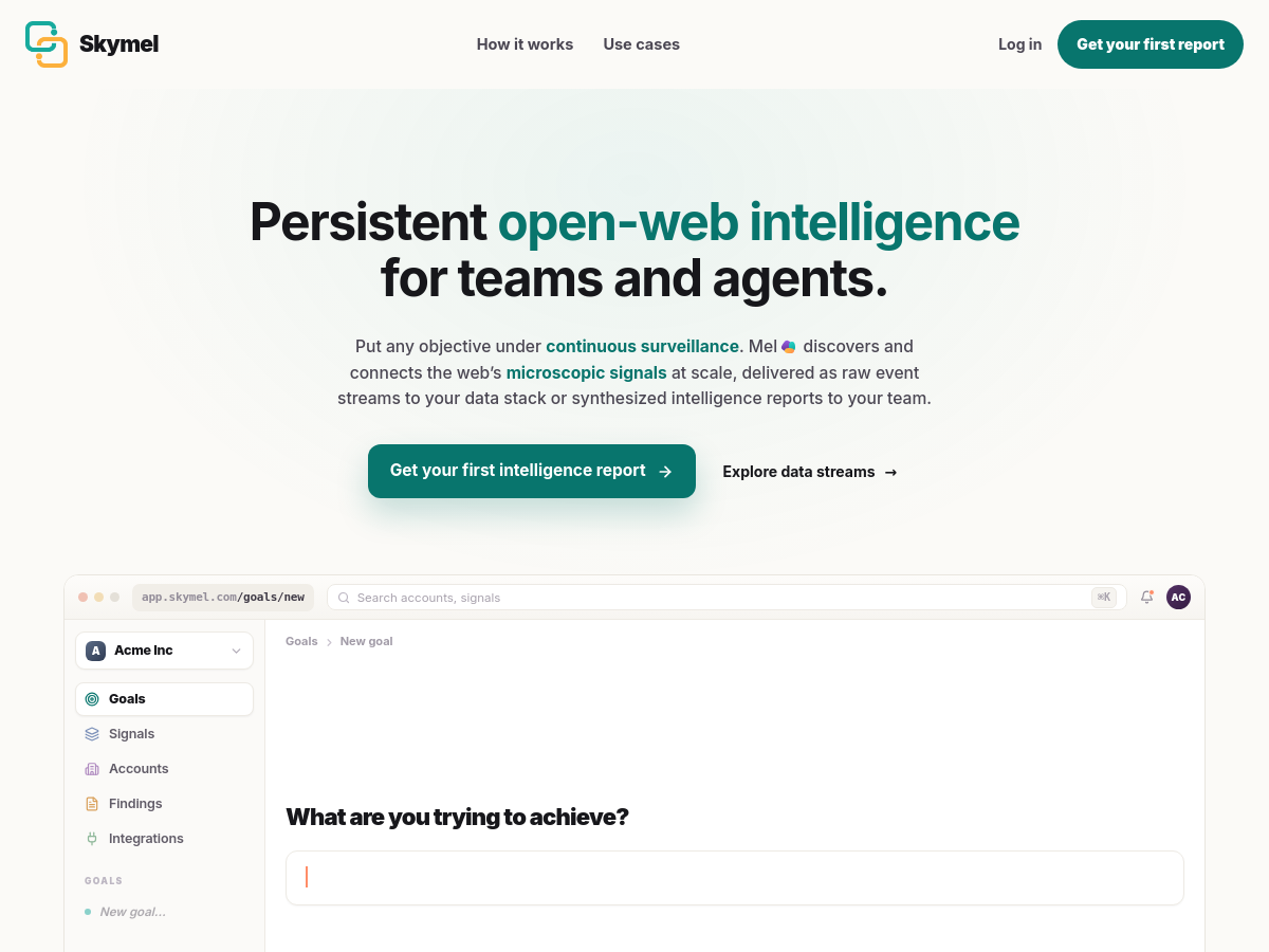 Screenshot of Mel by Skymel- Persistent Open-Web intelligence Infra