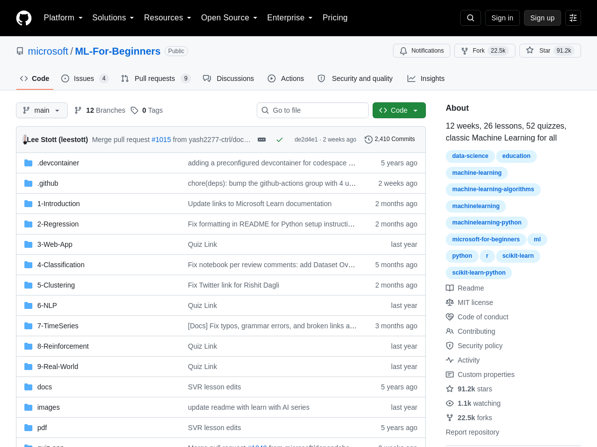 Screenshot of ML For Beginners