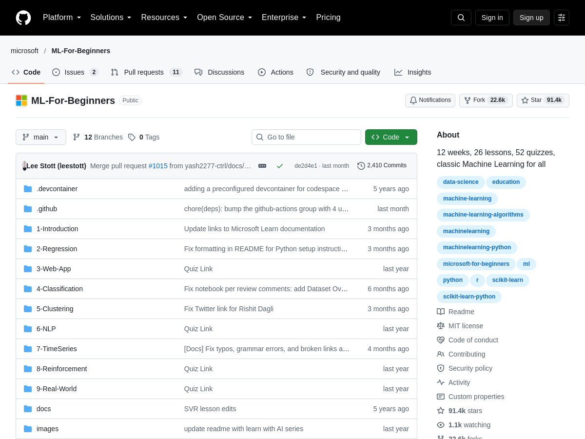 Screenshot of ML For Beginners