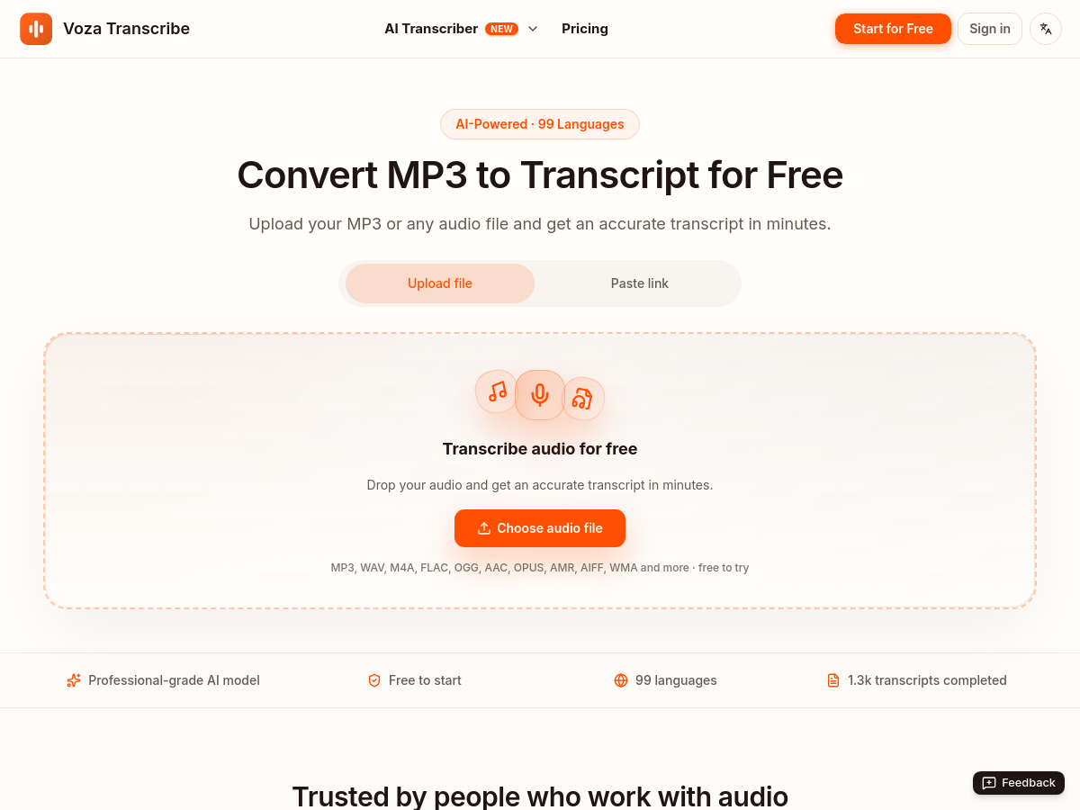 Screenshot of MP3 to Transcript-Voza Transcribe