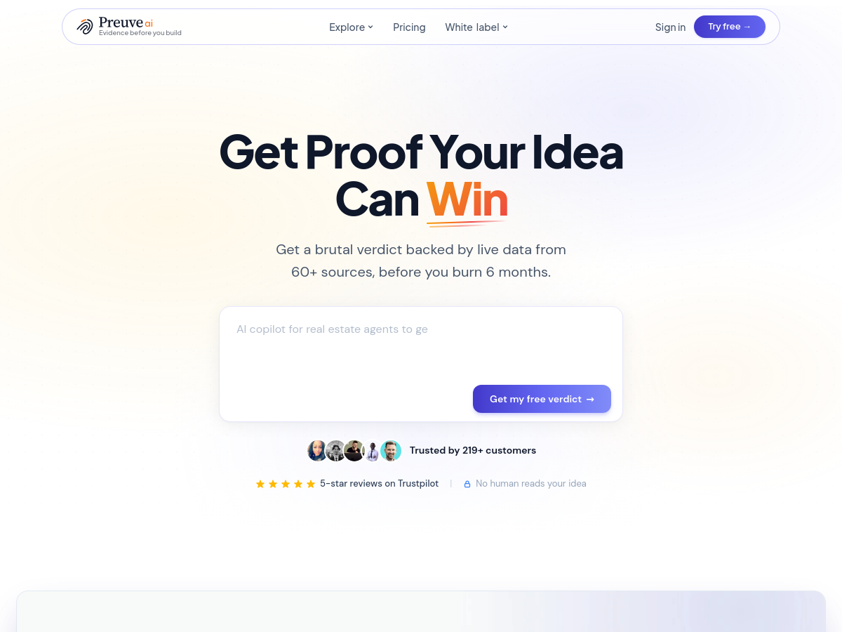 Screenshot of Preuve AI - Startup Idea Validator