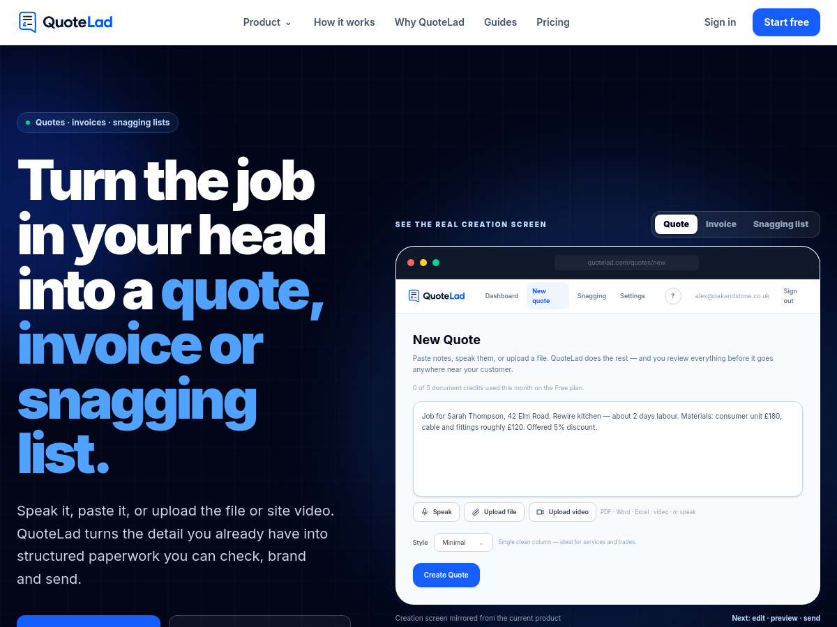 Screenshot of QuoteLad