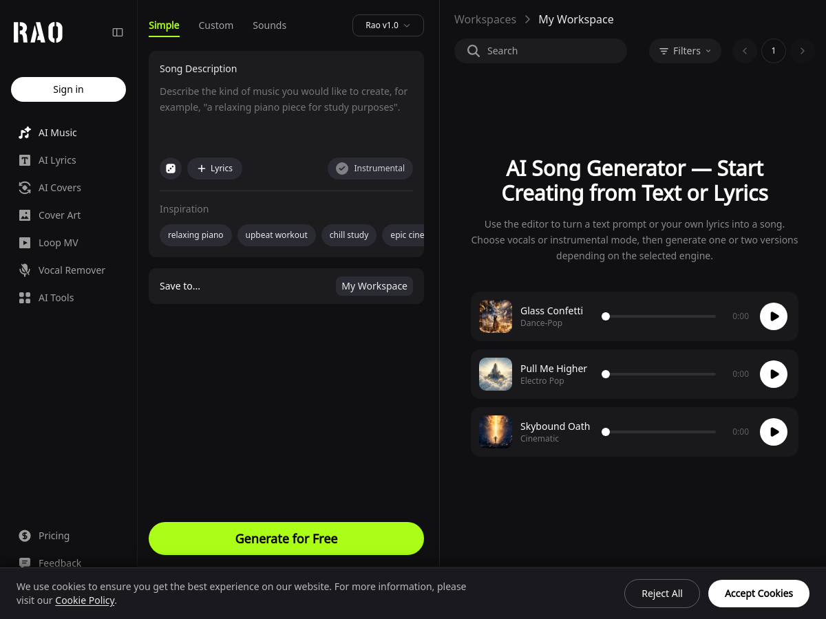 Screenshot of RaoMusic｜ AI Song Generator