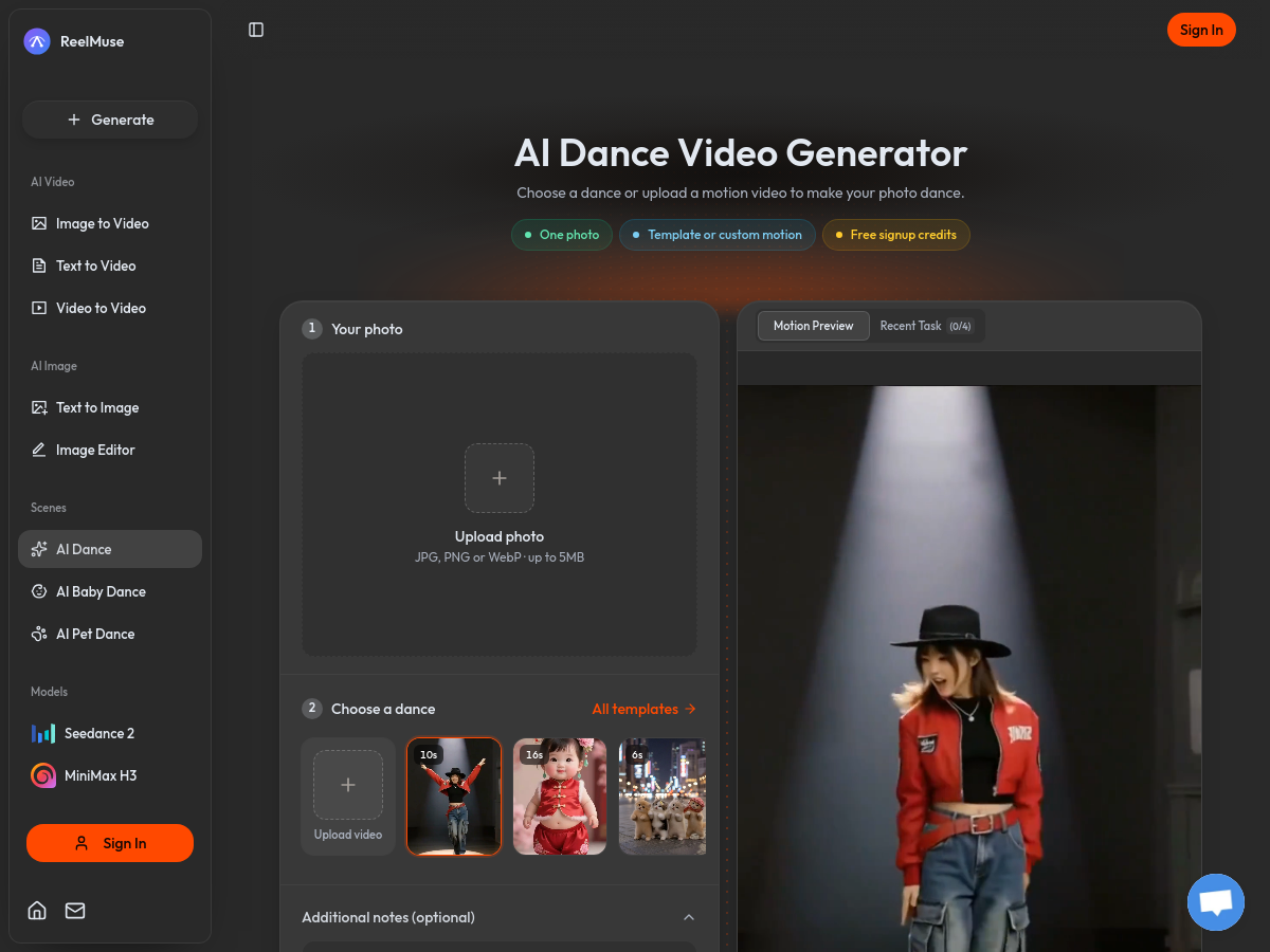 Screenshot of ReelMuse | AI Dance Generator