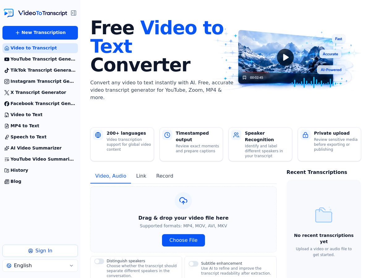 Screenshot of VideoToTranscript