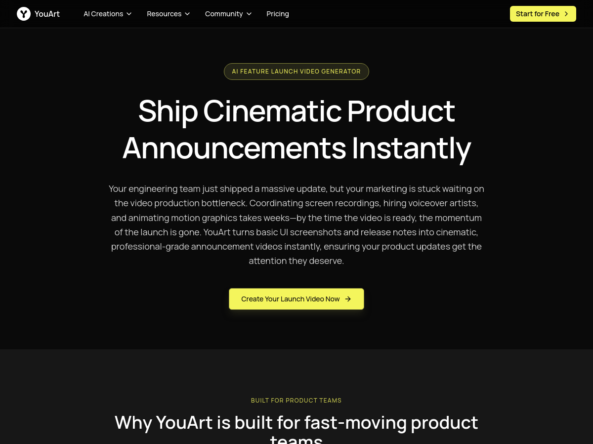 Screenshot of YouArt AI Feature Launch Video Generator